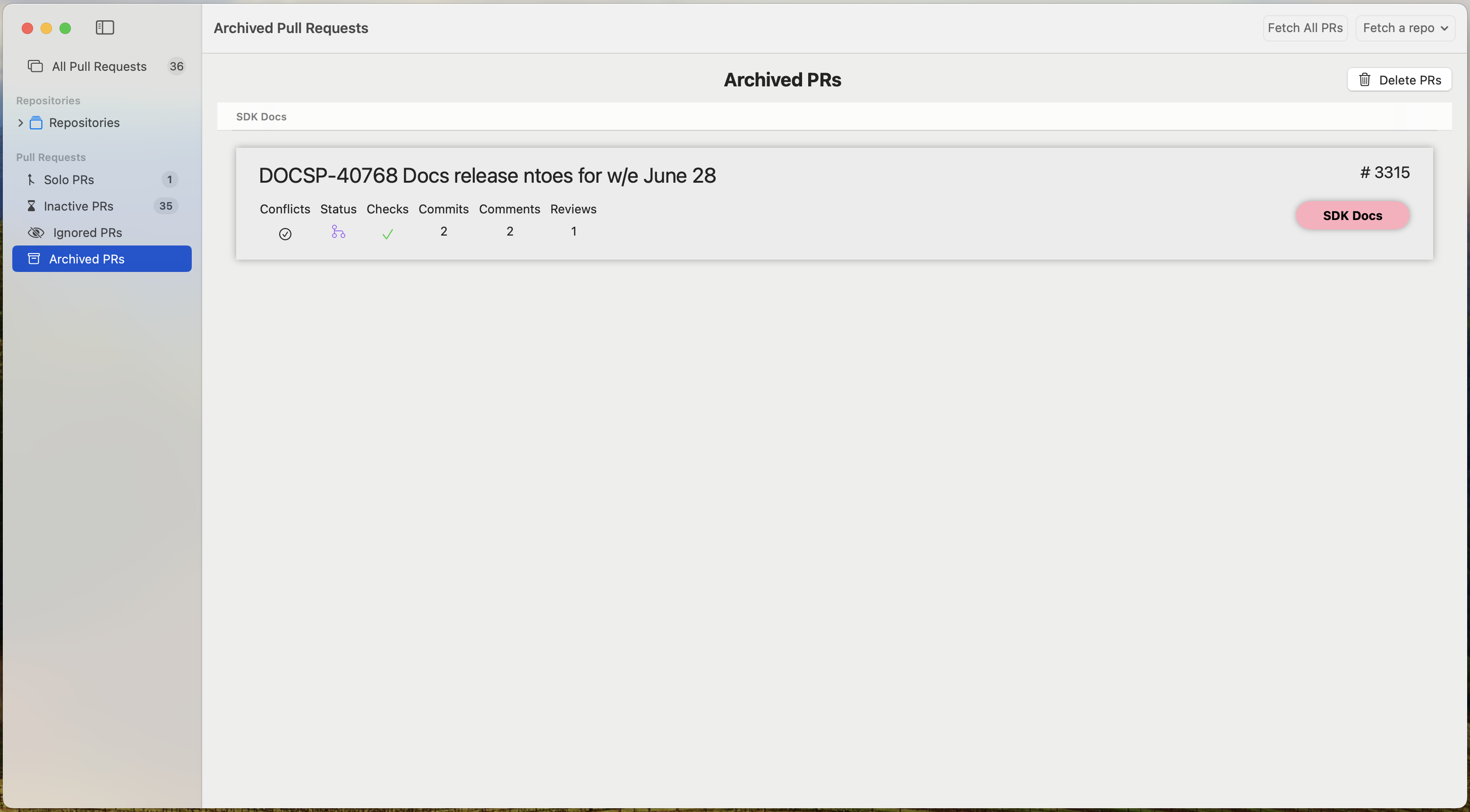 Screenshot showing the Archived PRs Dashboard with a list of full-width PR Summary rows