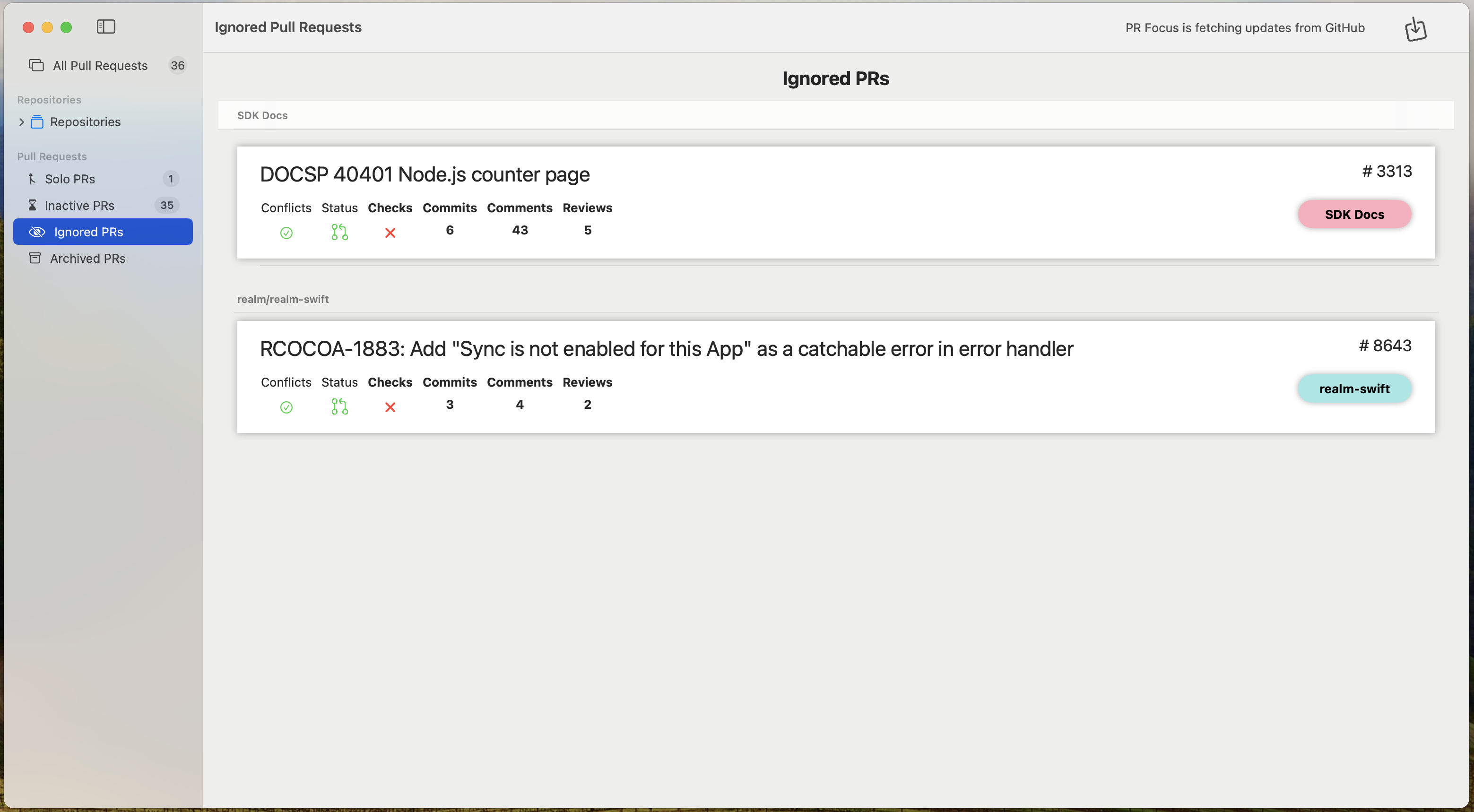 Screenshot showing the Ignored PRs Dashboard with a list of full-width PR Summary rows