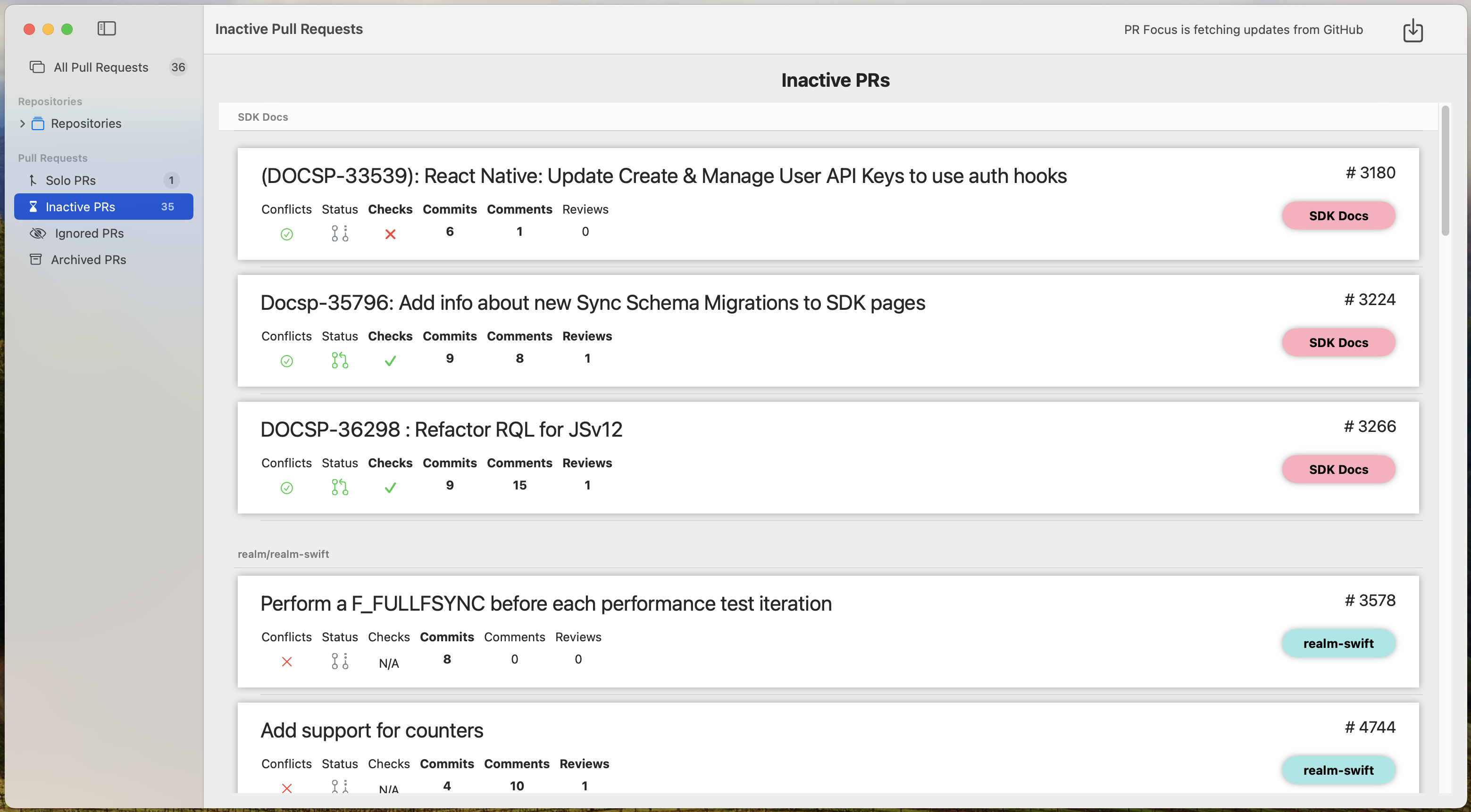 Screenshot showing the Inactive PRs Dashboard with a list of full-width PR Summary rows