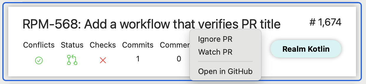 Screenshot showing the PR Summary context menu, with options to watch or ignore a PR, or open it in GitHub