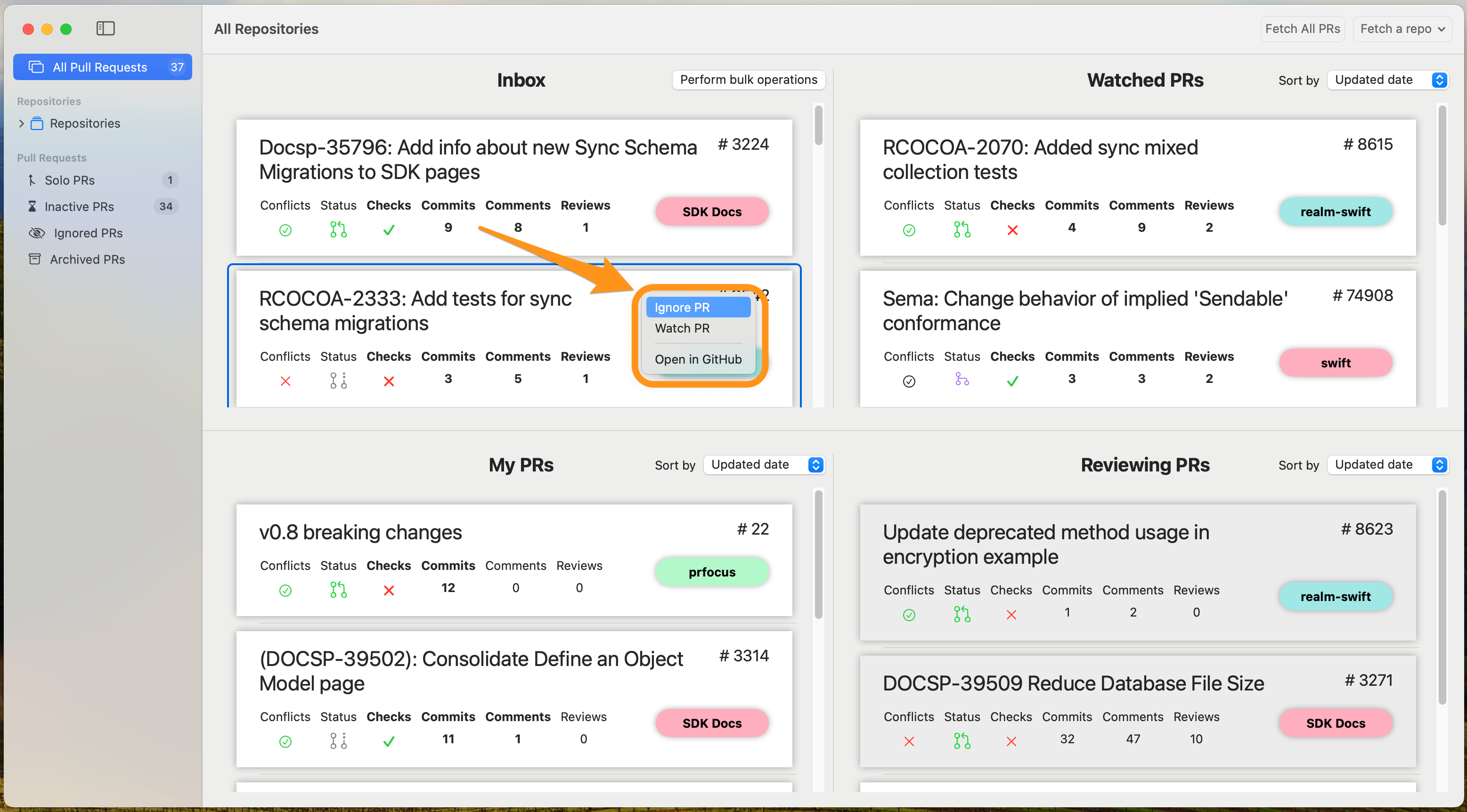 Screenshot showing the Watch and Ignore options in a right-click context menu from the PR Summary